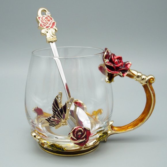 Reposhed Arc Of France Glass Mug & Spoon - Rose & Butterfly Design - Picture 1 of 15